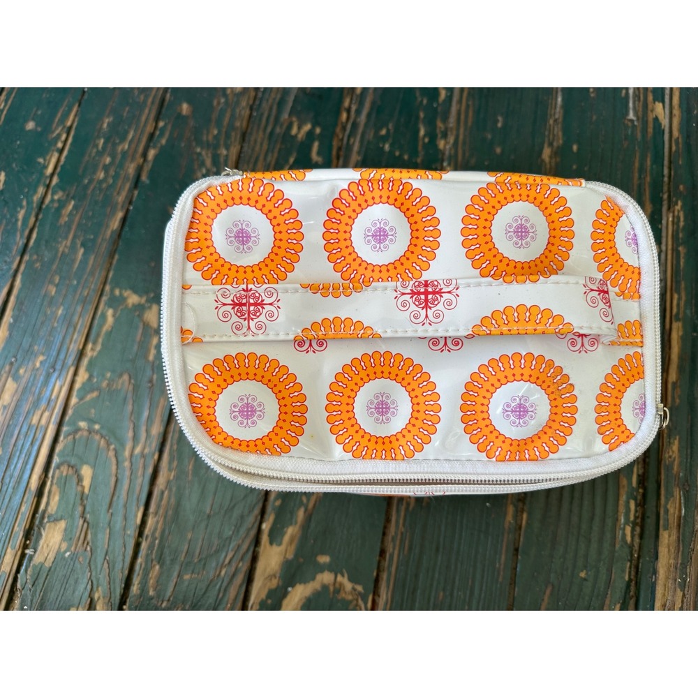 Orange Pink Sunburst Geometric Glossy Cosmetic Makeup Travel Bag with Handle